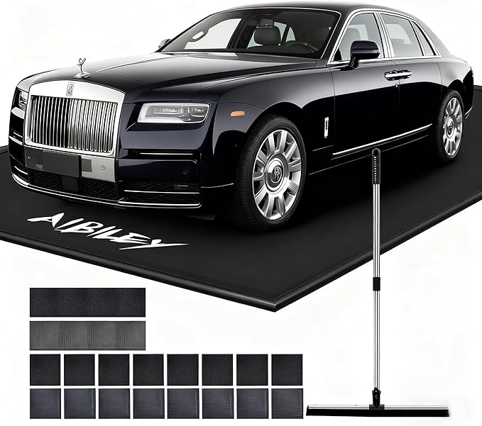 8'6"x22' Garage Floor Mats for Under Car,Non-Slip Garage Flooring Protector Parking Rugs Carpet,Heavy Duty Waterproof Rubber Containment Mat,Protect from Snow,Ice,Oil,Rain,Muds,with Squeegee,Velcro