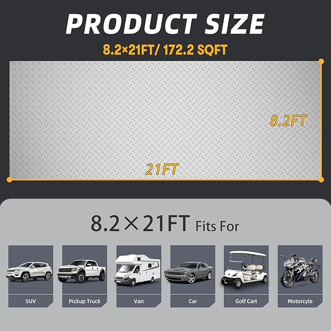 8.2x21 FT Floor Mat, 2.8mm 172.2 SQFT Non-Slip Diamond Plate PVC Garage Shop Parking Mat, Heavy Duty Flooring Roll for Workshop, RV Trailer, Golf Cart, Waterproof. Gray