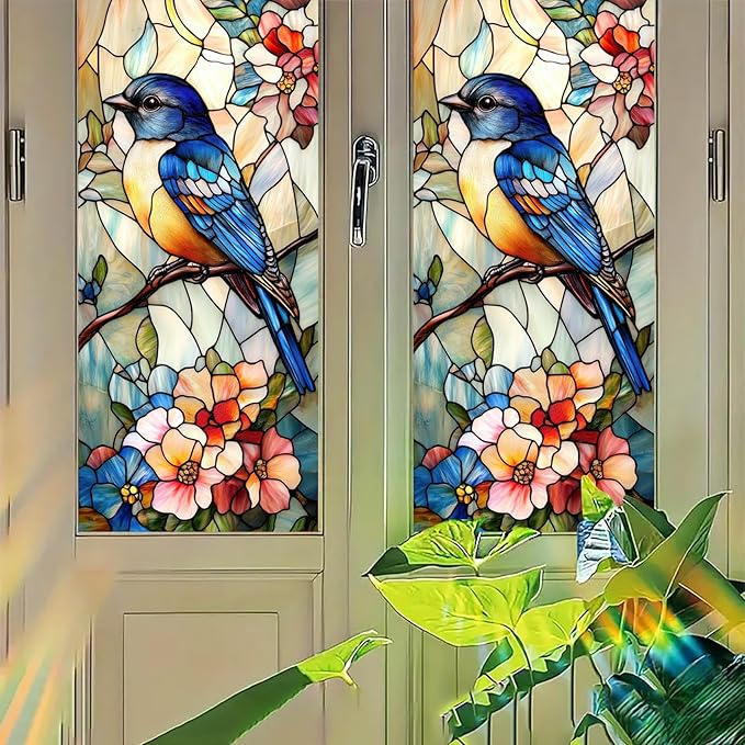 Bluebird Stained Glass Window Film 17.7x39.3 Inch Privacy Static Cling Window Sticker No Glue Floral Decorative Glass Decal for Door Panels Kitchen Entryway Sunroom Partitions