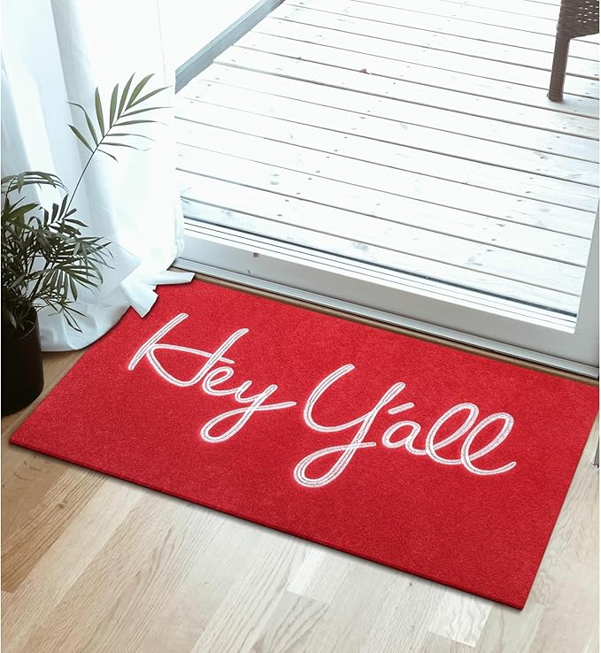 Welcome Mats Outdoor Front Door Doormats Inside Outside Heavy Duty Backing Hey Y'all Mat Entryway Mats Ideal for Home Decor, Low-Profile Resist Dirt Entrance Mat for Shoe Scraper Red 28" x 18"