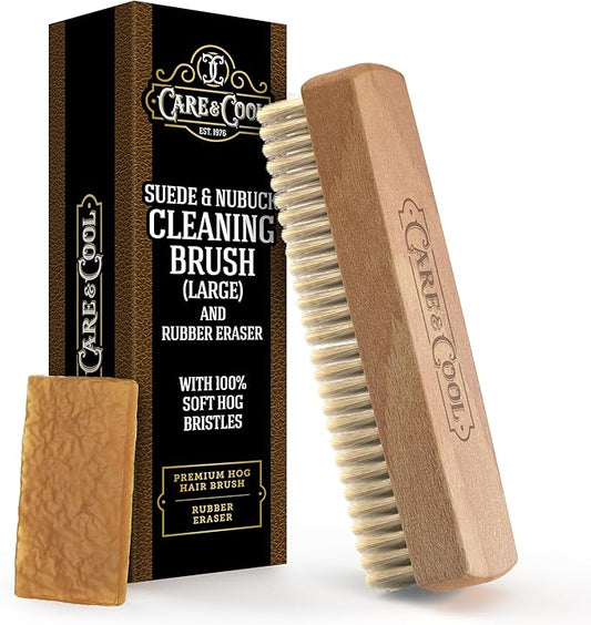 Care & Cool Suede and Nubuck Cleaning Large Hog Hair Brush (Size 7.17"x2.17") and Rubber Eraser - Gentle Cleaning, Nap Restoration - Ideal for Suede, Nubuck, Leather, Canvas, Knit