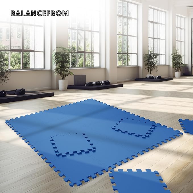 BalanceFrom Puzzle Exercise Mat 3/4' Thick, EVA Interlocking Foam Floor Tiles for Home Gym, Mat for Home Workout Equipment, Floor Padding for Kids, Blue, 24 in x 24 in x 3/4 in, 24 Sq Ft - 6 Tiles