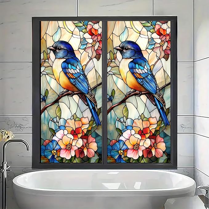 Bluebird Stained Glass Window Film 17.7x39.3 Inch Privacy Static Cling Window Sticker No Glue Floral Decorative Glass Decal for Door Panels Kitchen Entryway Sunroom Partitions