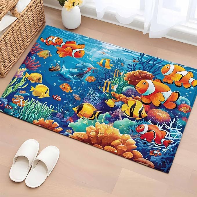 Ocean Marine Entryway Rug 2'x3', Life Fish Coral Seagrass Underwater Coastal Small Area Rug Non-Slip Front Door Mat Washable Floor Carpet for Indoor Entrance Kitchen Bathroom