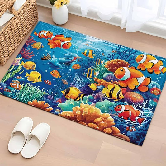 Ocean Marine Entryway Rug 2'x3', Life Fish Coral Seagrass Underwater Coastal Small Area Rug Non-Slip Front Door Mat Washable Floor Carpet for Indoor Entrance Kitchen Bathroom