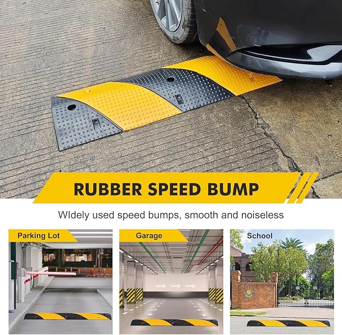 2 Pack 6FT Speed Bumps for Road, Heavy Duty 25,000 Lbs Capacity with 2 Channel Floor Cord Cover, 72" Parking Lot Speed Hump for Garage, Driveway, Warehouse - Includes Installation Parts, Black/Yellow