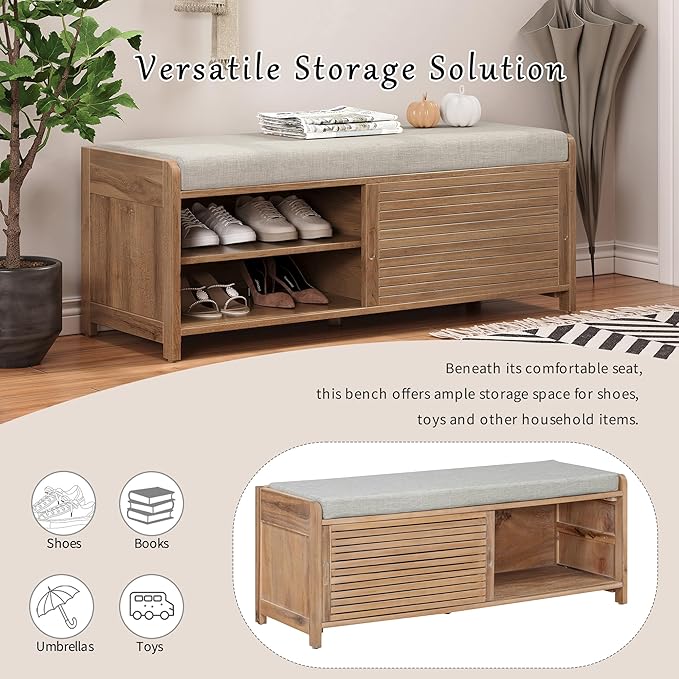 Knocbel Entryway Storage Bench with Sliding Doors and 1 Shelf, Living Room Entrance Hallway Foyer Shoe Bench Bedroom End of Bed Bench, 220lbs Weight Capacity (White Washed 2-Door)
