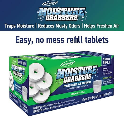 Concrobium Moisture Grabbers Refill Tablets, 4 Pack, Moisture Absorber Refills for Compatible Refillable Containers Only, Helps Reduce Dampness and Musty Odors, Fragrance Free