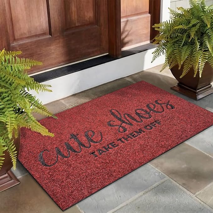 Entryway Cute Shoes Take Them Off Outdoor Mats with Rubber Backing Doormat Indoor Mat Polystyrene Backing Non Slip Natural Mat 18x28 inch Red