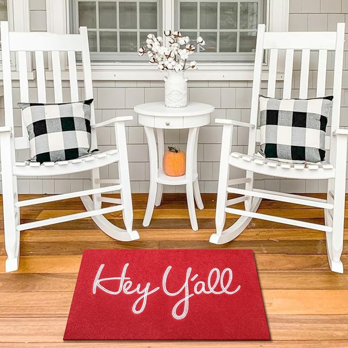 Welcome Mats Outdoor Front Door Doormats Inside Outside Heavy Duty Backing Hey Y'all Mat Entryway Mats Ideal for Home Decor, Low-Profile Resist Dirt Entrance Mat for Shoe Scraper Red 28" x 18"