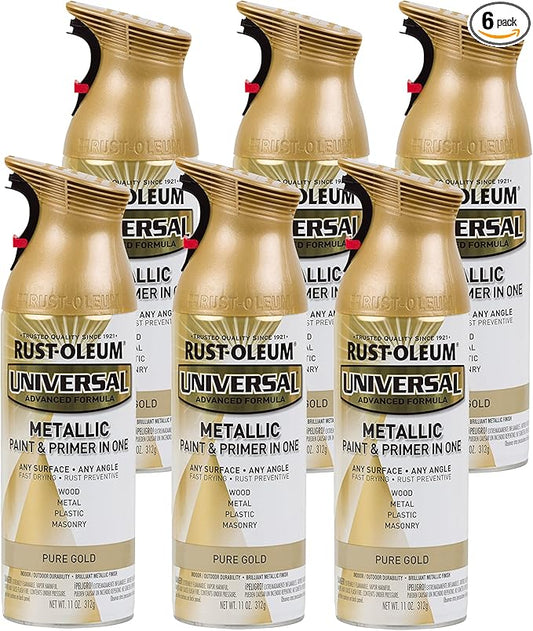 Rust-Oleum 245221-6PK Universal All Surface Metallic Spray Paint, 11 oz, Pure Gold, 6 Pack