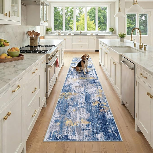 RELEANY Washable Area Rugs 2x9 Non-Slip Modern Abstract Soft for Living Room Entryway Bedroom Nursery, Print Pattern, Grey Blue Gold/Golden