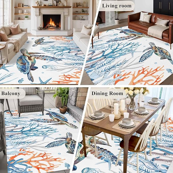 Sea Turtle 6'x9' Large Area Rugs, Seagrass Coral Starfish Washable Area Rugs Non-Slip Indoor Floor Mats Large Carpet for Living Room Bedroom Dining Room
