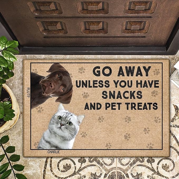 Fun Entrance Mat Custom Pet Photo Doormat | Please Leave Unless You Have Alcohol and Dog Treats Cat Treats Pet Treats Welcome Mat | Pet Lover Gifts Indoor Outdoor Porch Home Decor 32x20in