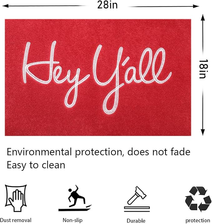 Welcome Mats Outdoor Front Door Doormats Inside Outside Heavy Duty Backing Hey Y'all Mat Entryway Mats Ideal for Home Decor, Low-Profile Resist Dirt Entrance Mat for Shoe Scraper Red 28" x 18"