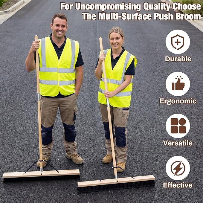 36 Inch Push Broom Indoor Outdoor Use, Heavy Duty Floor Sweep Brush with 60 Inch Wood Handle, Stiff Bristles for Concrete Garage Driveway Cleaning Snow Leaves Debris
