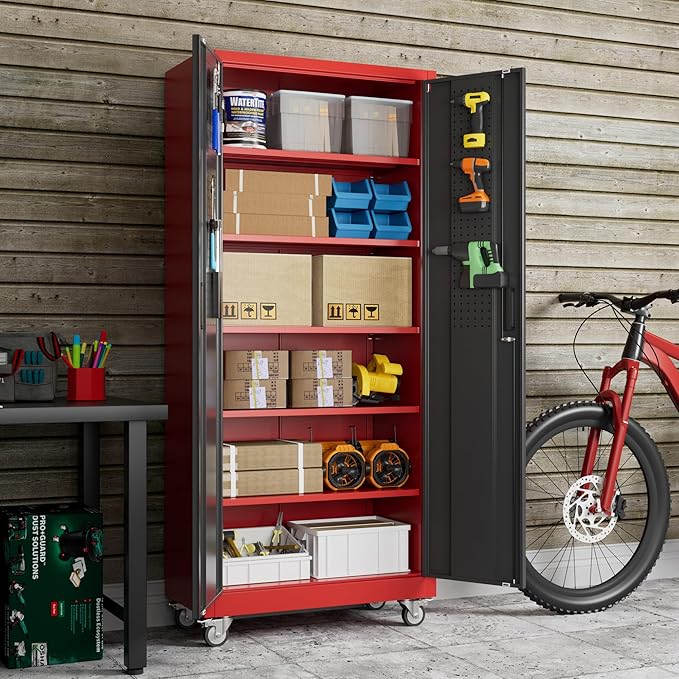 Reemoon 71" H Metal Garage Storage Cabinet with 5 Adjustable Shelves and Pegboard,Steel Storage Cabinet with Wheels for Garage Home Office Utility Room,Required Assembly, Red and Black