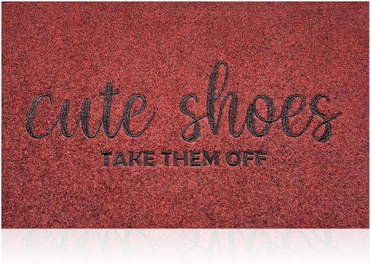 AOAOPQ Funny Doormat Cute Shoes Take Them Off Door Mats Welcome Outside Mats for Garden Entrance Hallway Shoe Scraper Rubber Backing Washable Doormat 24"x 36" Dark Red