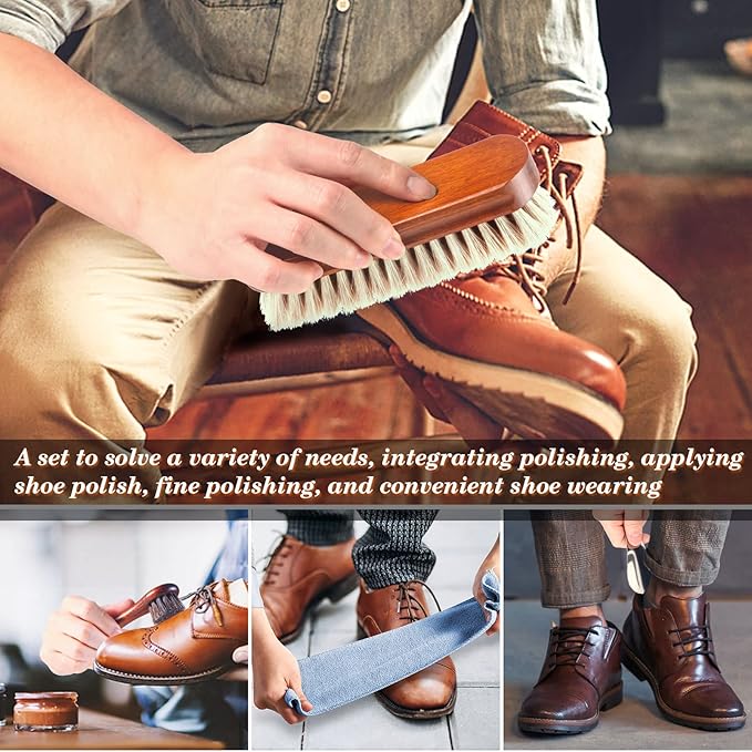 6 Pcs Horsehair Shoe Brush Kit Polishing Daubers Applicators Leather Care Brushes Shine Cleaning Cloth with Case(Shoe Brush Set A)