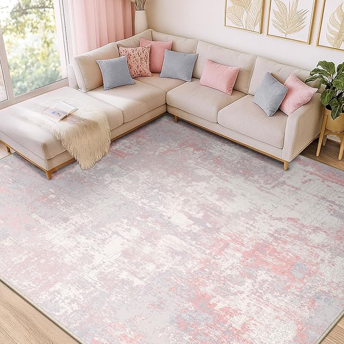 RELEANY Washable Area Rugs 10'x14' Non-Slip Modern Abstract Soft for Living Room Entryway Bedroom Nursery, Print Pattern, Grey Pink