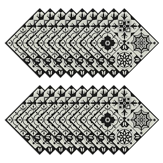 Wallercity Black Floral Peel and Stick Floor Tile for Bathroom Kitchen Vintage Boho Waterproof Floor Stickers Self Adhesive Removable Vinyl Flooring Tiles for Rooms Retro Floral Flooring Sheets 18PCS