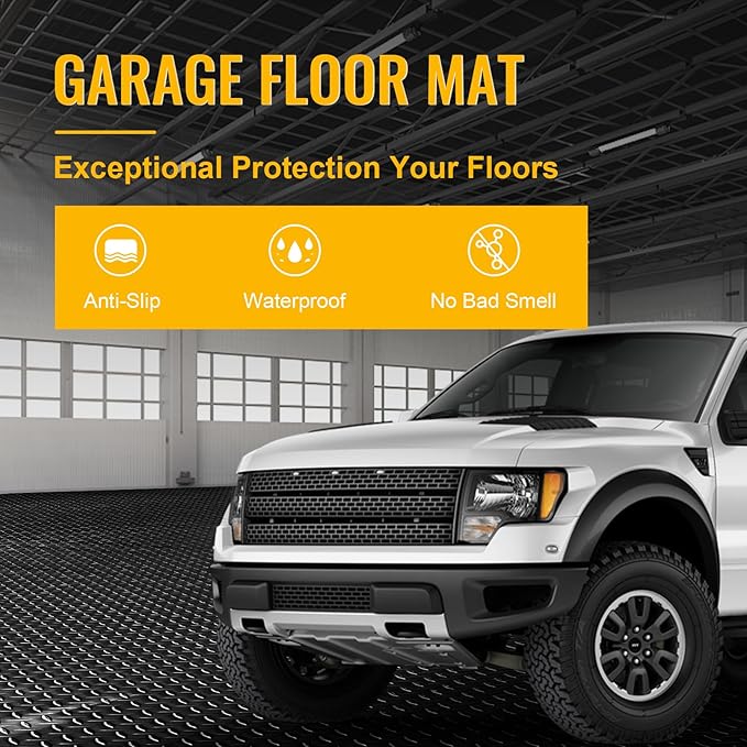 7.5x25 FT Garage Floor Mat, 2.8mm Thickened Flooring Roll Under Car Mat with 20Pcs Tapes, Diamond Plate, Non-Slip Floor Protector Mat for Trailer, Garage, Warehouse, Gyms, Trailer, Black