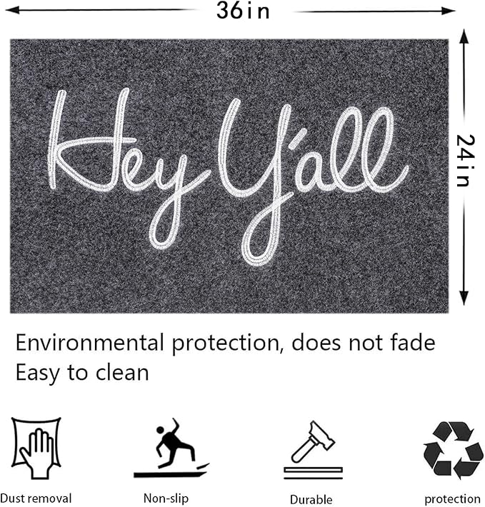 Door Mats Outdoor Welcome Hey Y'all Doormats for Front Door Indoor Entrance Low Profile Non Slip Rubber Heavy Duty Backing Mats Outside Entry Mat Decor for Patio 36" x 24" Gray
