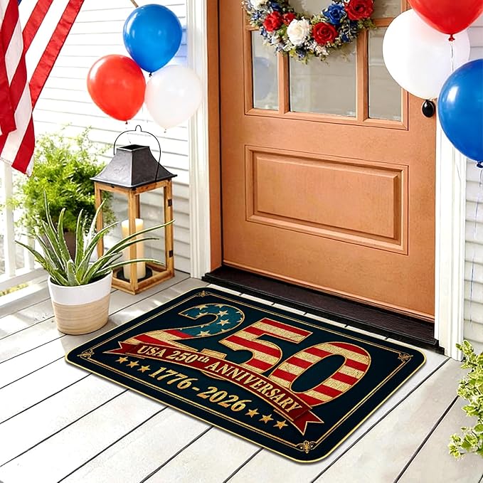 250th Door Mat, Patriotic Vintage USA Anniversary Outdoor Indoor Patio Entrance Door Mats Low Profile Non Slip Outside Inside Floor Mat Rugs for Home Decor, 29x17Inch