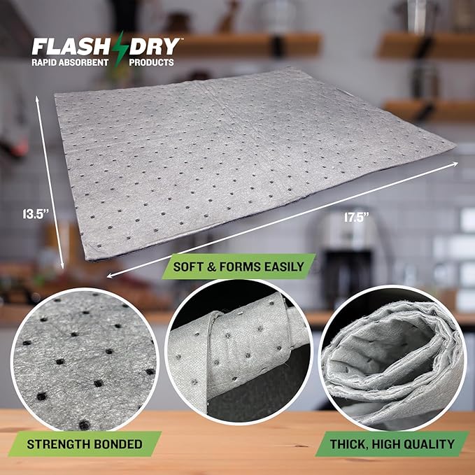 FLASHDRY Universal Spill Absorbent Roll, 100 Pre-Cut Pads, 15" x 144', Absorbs Oil, Grease, Coolant & Solvents, for Garages, Warehouses, Factories & Industrial Facilities