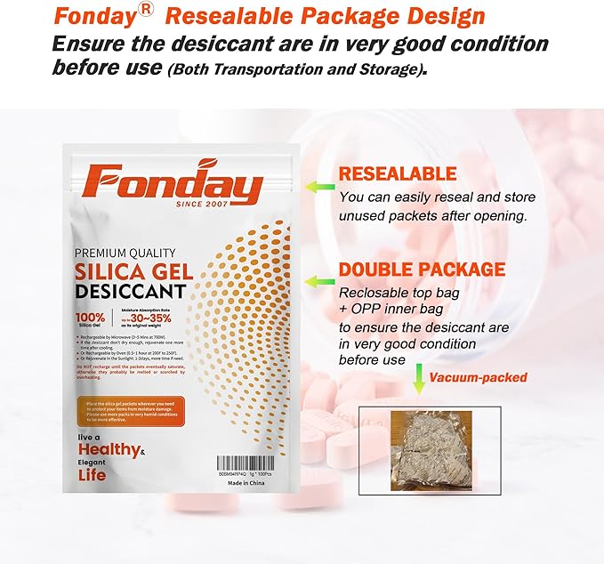 50g x 40 Packs Fonday Rechargeable Silica Gel Desiccant Packets Fast Reactivate Desiccant Bags Moisture Indicating Orange to Green for Food Storage, Electronics, 3D Filament & Safes