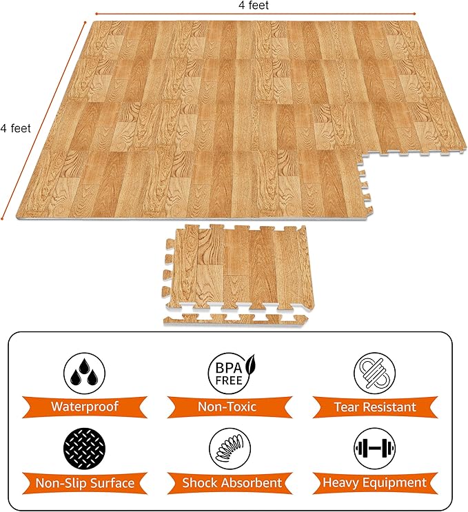Sorbus Wood Grain Floor Mats Foam Interlocking Mats Each Tile 1 Square Foot 3/8-Inch Thick Flooring Wood Mat Tiles - Home Office Playroom Basement Trade Show (16 Tiles,16 Sq ft, Wood Grain - Pine)