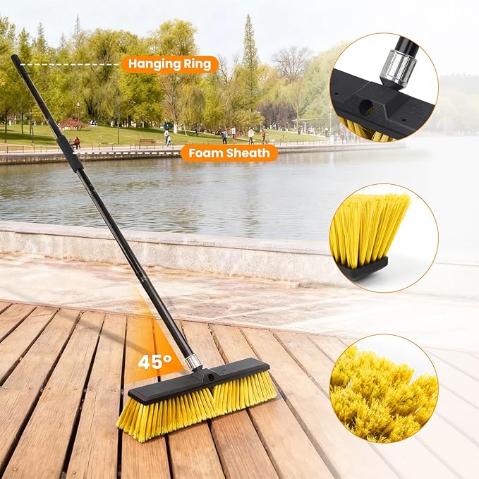 18 Inches Push Broom Outdoor，Commercial Broom Brush，Stiff Bristle Brush with 61.8 inches Long Handle for Patio Garage Deck Street Shop Warehouse Lawn Driveway -1 Pack