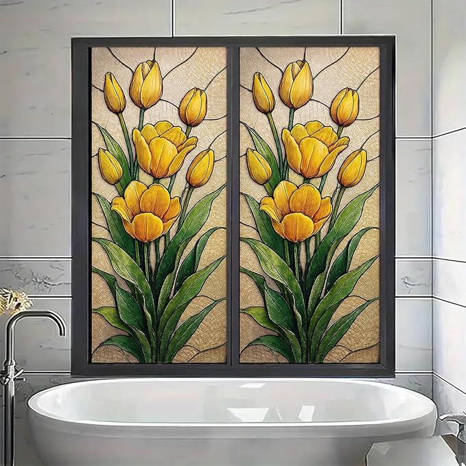 Yellow Tulip Privacy Film Stained Glass Style Static Cling No Glue Decorative Panel Light Filtering Cover for Door Kitchen Entryway 17.7x39.3 inch