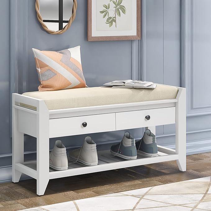 Knocbel Entry Storage Bench Shoes Rack with Cushioned Seat, 2 Drawers & Slatted Shelf, Living Room Entryway Hallway Foyer Shoe Bench Bedroom End of Bed Bench (White)