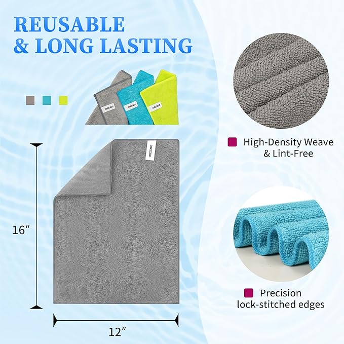 FIXSMITH Microfiber Cleaning Cloth - Pack of 24, Multi-Functional Cleaning Towels, Size: 12 x 16 in, Highly Absorbent Cleaning Rags, Lint-Free, Streak-Free Cleaning Cloths for Car Kitchen Home Office