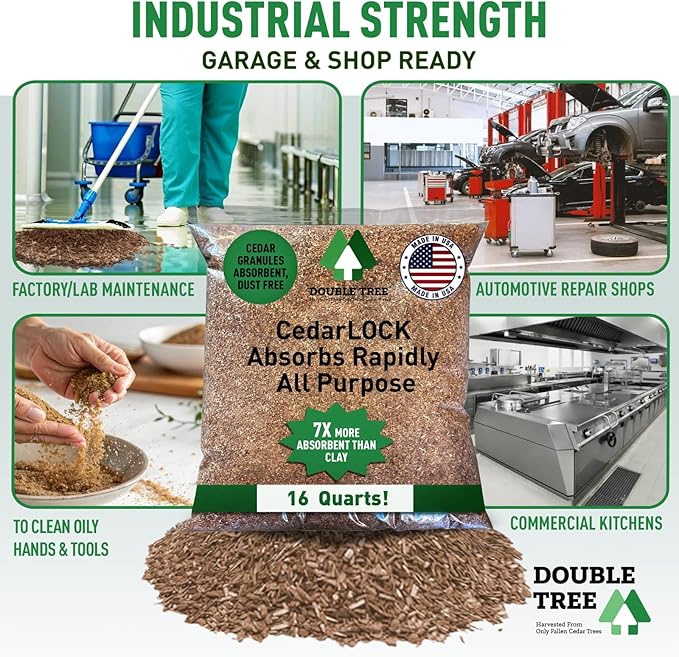 CedarLock Oil Absorbent – Nature’s Heavy-Duty Spill Solution Made from 100% Pure Incense Cedar, Oil Spill Kit Granules, Organic Granules, All-Purpose Oil Absorbent - (6 Bags 96 Quarts)