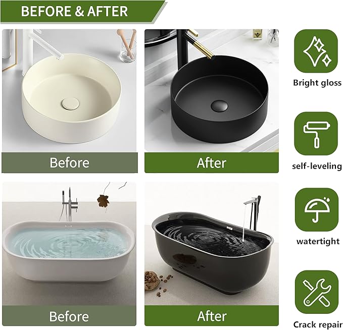 Black Ceramic Tub and Tile Refinishing Kit - Bathtub, Bathroom Wall, Countertop, Sink Paint - Easy to Use, Waterproof, Low Odor, No Toxic (Black 32.0 FL Oz 50-60 sq.ft)