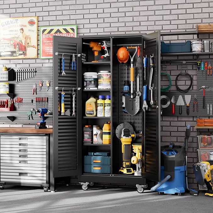 Reemoon Mop and Broom Closet Storage Cabinet with Wheels and Pegboard,Metal Garage Storage Cabinet with Doors and Adjustable Shelves for Garage Home,Required Assembly,Black