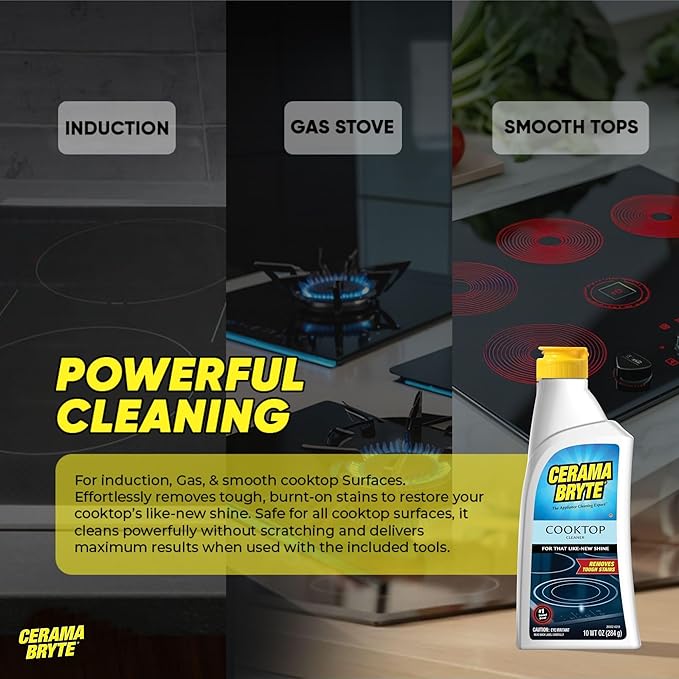 Cerama Bryte Glass Cooktop and Stove Top Cleaner Combo Kit - Includes Cleaning Tool, Razor, Scraper and 3 Pads to Remove Tough Stains - Use on Gas, Electric, Ceramic Surfaces, 10 Ounces, 6 Piece