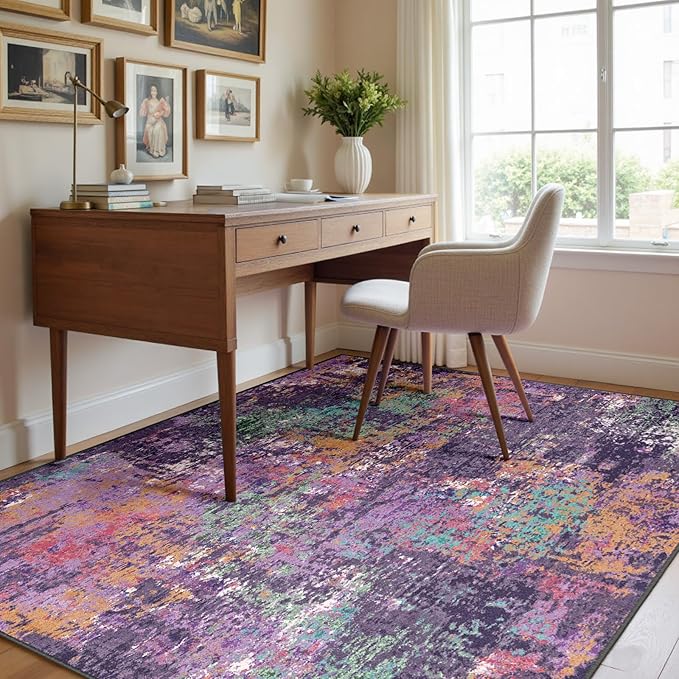 RELEANY Washable Area Rugs 5'x8' Non-Slip Modern Abstract Soft for Living Room Entryway Bedroom Nursery, Print Pattern, Purple Orange Blue Green Rust Red Colorful