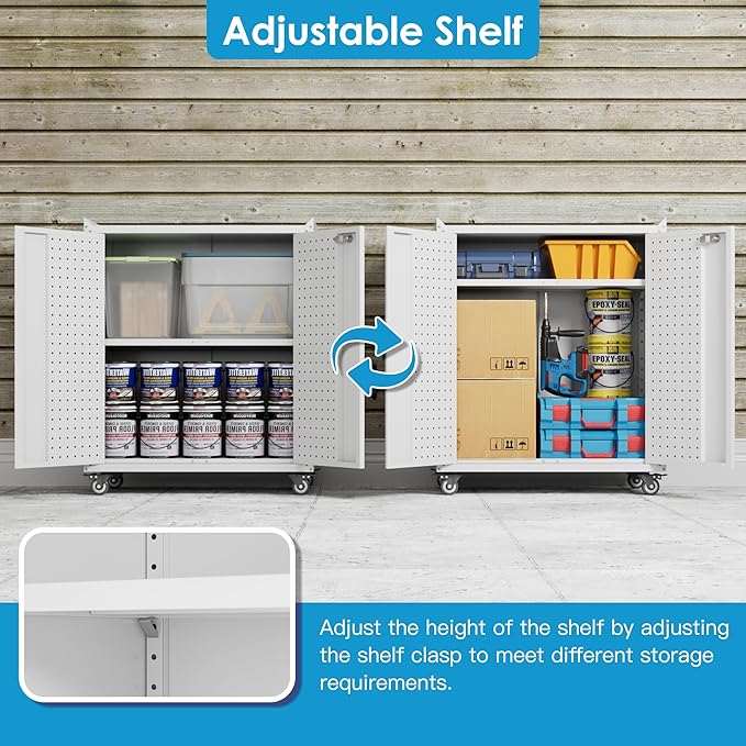 Reemoon Steel Garage Storage Cabinet with Wheels and 2 Lockable Doors, Metal Storage Cabinet with Pegboard and Hooks for Garage,Home,Warehouse,Assembly Required,White,13.8" D x 26" W x 31.5" H