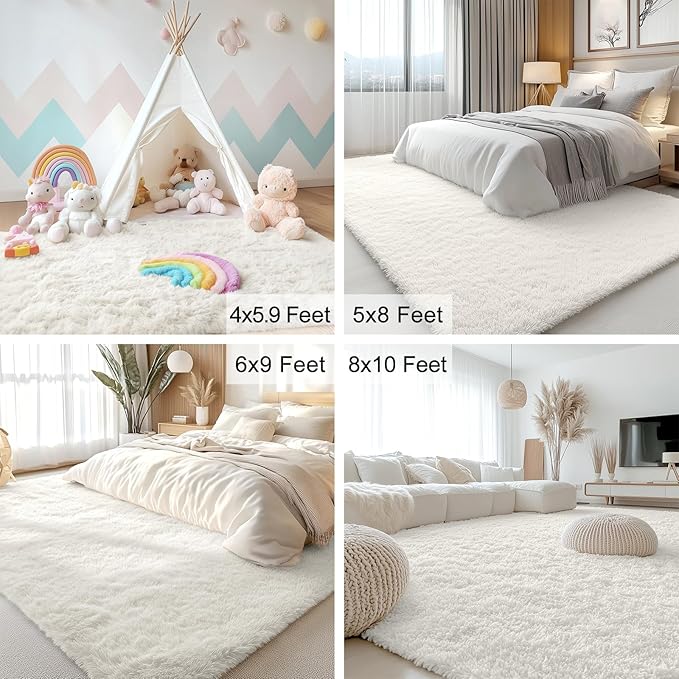 OLANLY 7x7 Machine Washable Large Area Rugs for Living Room, Bedroom, Soft Fluffy Shaggy Bedside Rug, Indoor Floor Carpet for Kids Girls and Boys, Dorms, Nursery, Home Decor Aesthetic, Ivory