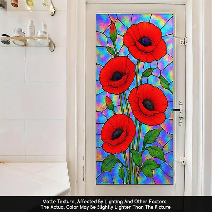 Red Poppy Window Film Iridescent Stained Glass Privacy Panel Static Cling No Glue Decorative Cover for Kitchen Studio Door Partition 17.7x39.3 inch
