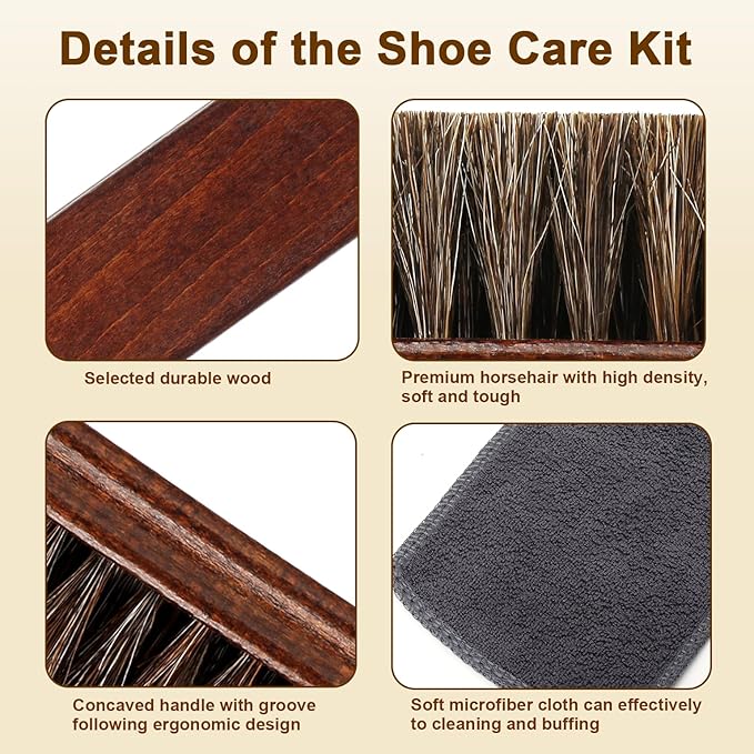 3-Piece 100% Horse Hair Shoe Brush Kit for Leather Care – Professional Dauber Applicators and Polishing Brushes with Cleaning Cloth for Leather Shoes, Boots, Bags, Jackets & Car Detailing