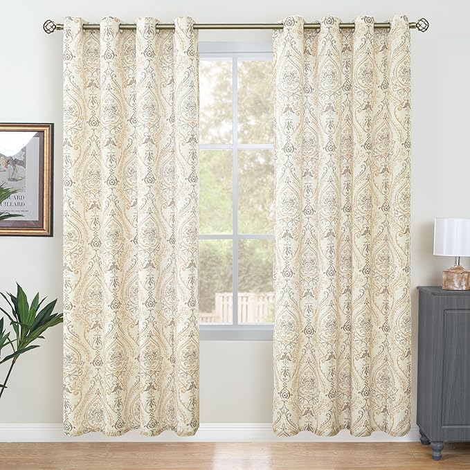 LAMIT 78 inches Long Linen Curtains for Living Room, Printed Linen Curtains Grommet Light Filtering Vintage Damask Flower Pattern Window Drapes for Bedroom, 2 Panels Each 52 x 78 Inch, Yellow
