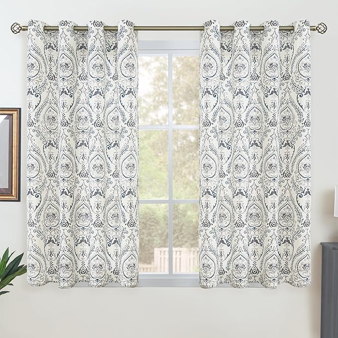 LAMIT 54 inch Length Linen Curtains for Living Room, Light Filtering Semi Sheer Linen Curtains Grommet Vintage Damask Flower Pattern Window Drapes for Bedroom, 2 Panels Each 52 x 54 Inch, Greyish Blue