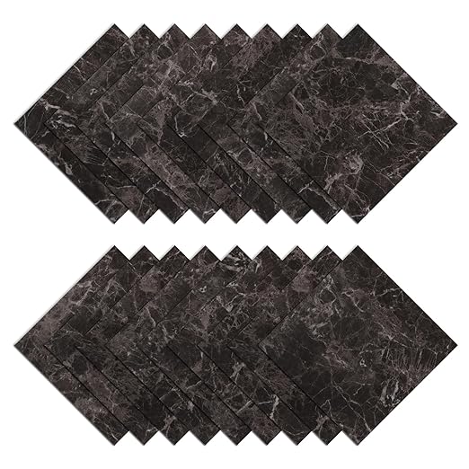 Wallercity Marble Peel and Stick Floor Tile Easy to Clean Waterproof Flooring for Kitchen Bathroom Bedroom Light Balck Vinyl Flooring Self Adhesive Floor Tile Stickers Durable Removable Tiles 18PCS