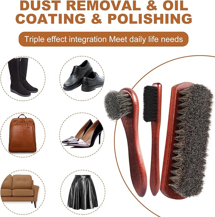 Rolett 4-Piece Horsehair Shoe Brush Shine Kit - Horse Hair Brush for Leather, Premium Shoe Polish brush, Leather Shoe Boot Brushes for Cleaning and Polishing