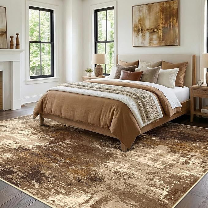 RELEANY Washable Area Rugs 6'x9' Non-Slip Modern Abstract Soft for Living Room Entryway Bedroom Nursery, Print Pattern, Brown Tan Beige Coffee