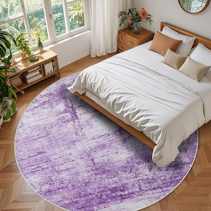Round 8ft Abstract Rug, Modern Washable Indoor Circle Area Rugs for Living Room, Soft Large Circular Non-Slip Carpet Floor Mat for Bedroom Dining Room Home Office - Abstract Purple